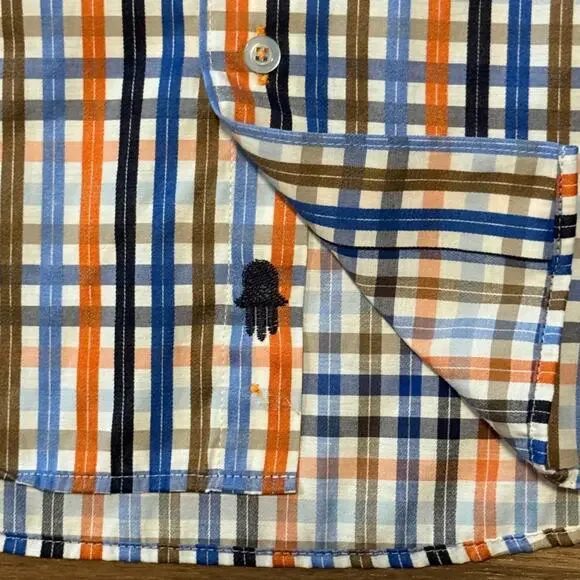 Luchiano Visconti Men's Size L Button-Down Shirt  Plaid Orange Blue Black Brown - Picture 3 of 6
